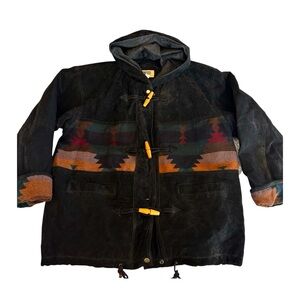 G4000 Vintage 90s Suede Leather Aztec Blanket Knit Hooded Parka Men L Women XL